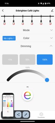 Tuya App - Enbrighten Café Lights Screenshot of the Tuya app showing settings for Enbrighten Café Lights.