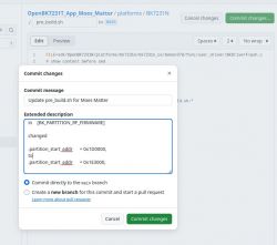 GitHub commit window with edited script file pre_build.sh.