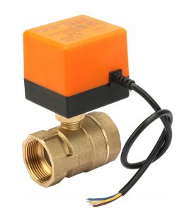 Brass motorized ball valve with an orange-black actuator and a three-wire cable