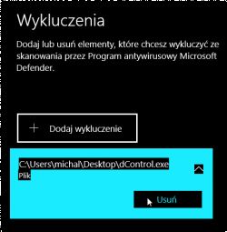 Zrzut ekranu przedstawiający panel wykluczeń w Windows Defender.
