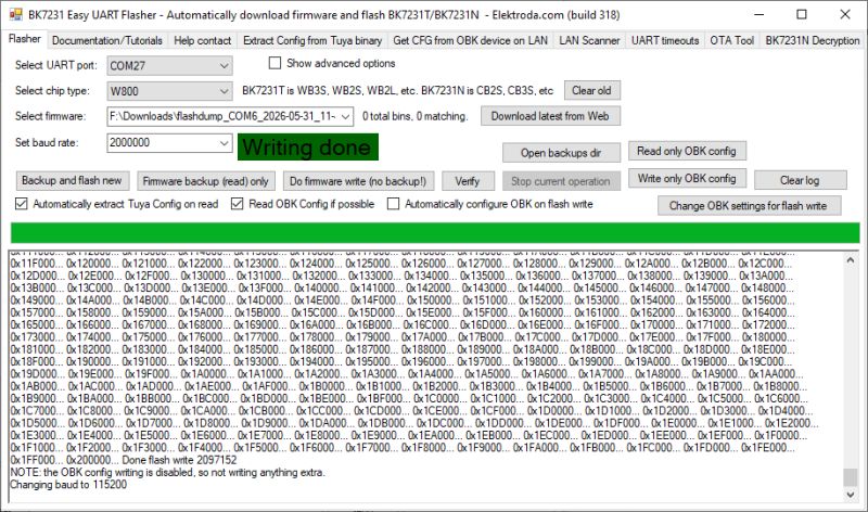 Screenshot of BK7231 Easy UART Flasher showing “Writing done” and a hex log output.