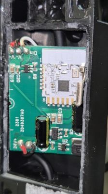 Garden RGB Controller Board with BK7231N Chip Controller board with a module labeled CBU BK7231N and pins marked Din, +, -.