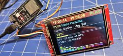 ESP module connected to a color TFT display showing radio playback details and a multicolor equalizer bar