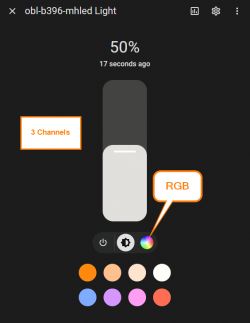 Screenshot of Home Assistant lighting interface with three channels and RGB control.