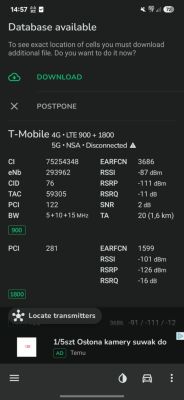 Zrzut ekranu z aplikacji NetMonster pokazujący parametry LTE sieci T-Mobile