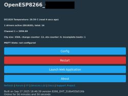 OpenESP8266 dashboard showing DS1820 temperature data and configuration buttons