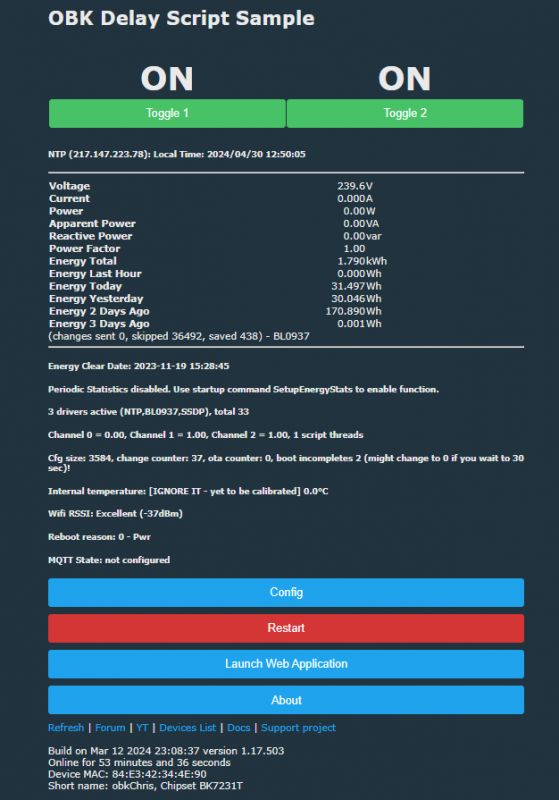 Screenshot of the OBK Delay Script Panel Screenshot of the OBK delay script panel with measurement data.
