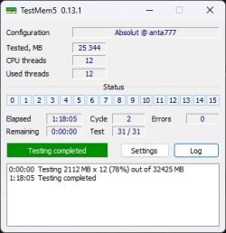Test pamięci RAM w programie TestMem5 zakończony bez błędów po 1 godz. 18 minutach