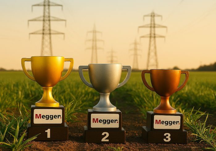 Trzy puchary na podium z napisem „Megger”, w tle linie wysokiego napięcia