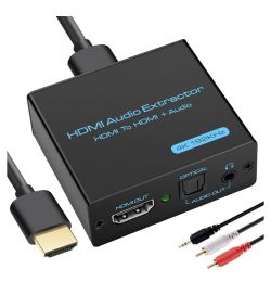 Czarny ekstraktor audio HDMI z kablami HDMI i audio.
