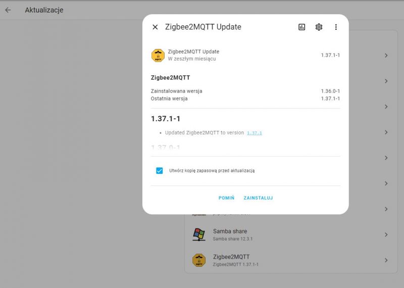 Zigbee2MQTT update window in a system showing new software versions.