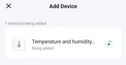 Adding Temperature and Humidity Sensor Device addition screen showing a temperature and humidity sensor being added.