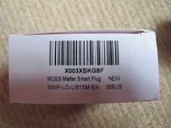 MOES Matter Smart Plug Packaging Cardboard packaging of MOES smart plug.