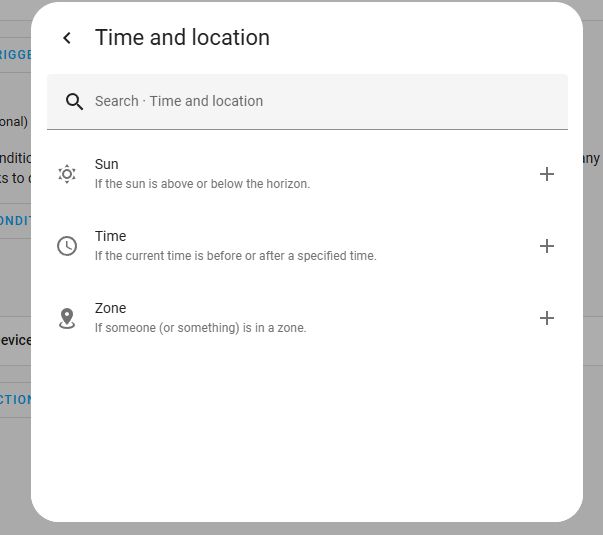 Screenshot of automation settings for time and location.