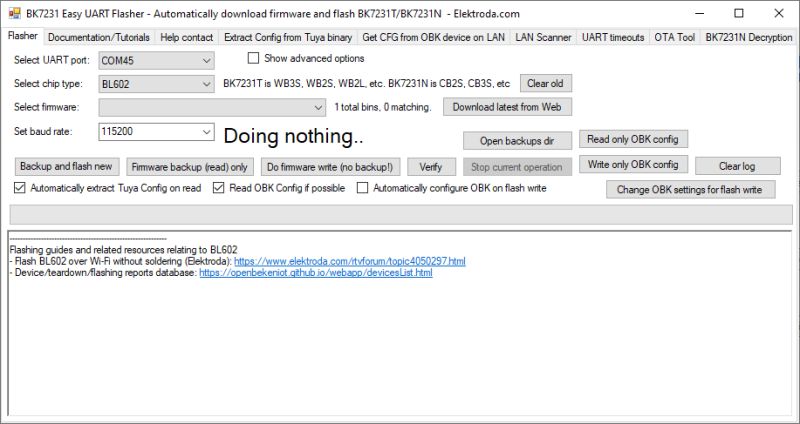 BK7231 Easy UART Flasher interface with COM45 and BL602 chip selected