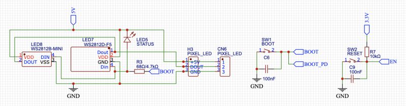 Circuit Diagram with LED Modules and ESP32 Buttons Circuit diagram with LED modules, BOOT and RESET buttons, and GPIO connections.