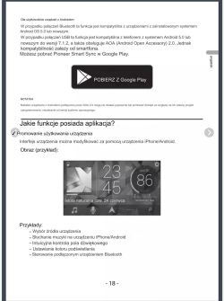 Zrzut ekranu instrukcji obsługi Pioneer DEH-S520BT pokazujący informacje o aplikacji Pioneer Smart Sync oraz przykładowy interfejs aplikacji.