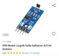 Niebieski moduł czujnika Halla typu hallotron A3144 dla Arduino z czterema pinami i widocznymi elementami elektronicznymi.