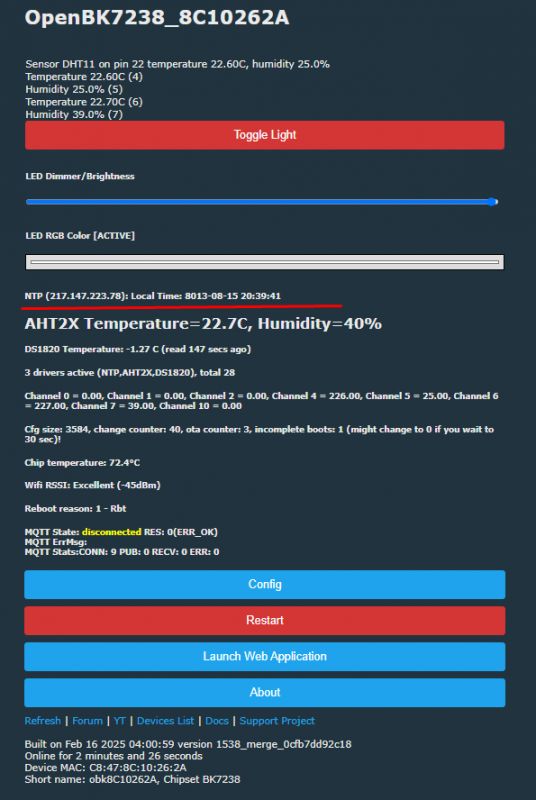 Screenshot of OpenBK7238 control panel with sensor data and settings.