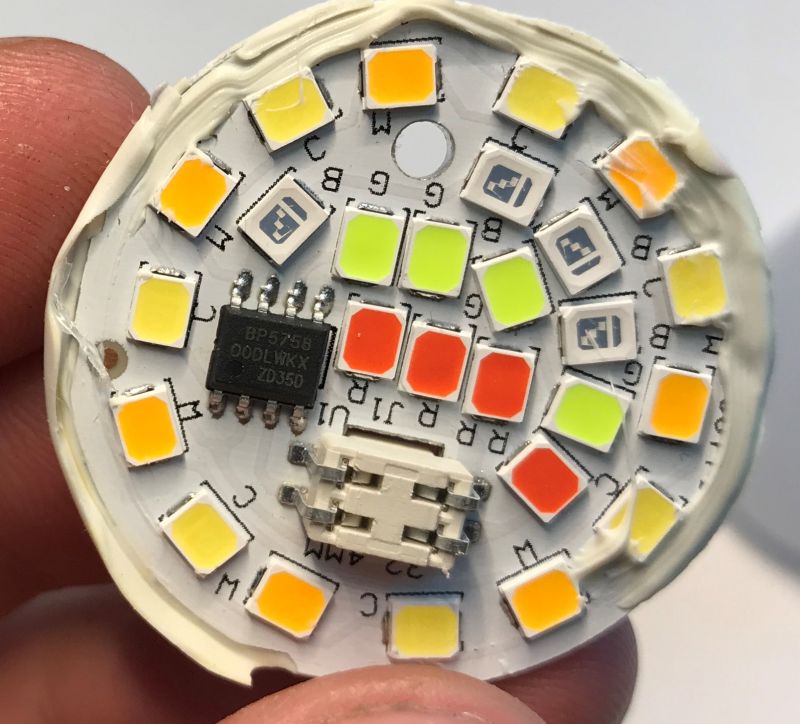 LED board with BP5758 controller and RGB/CW LEDs Close-up of an LED circuit board with BP5758 controller and multicolored SMD LEDs.