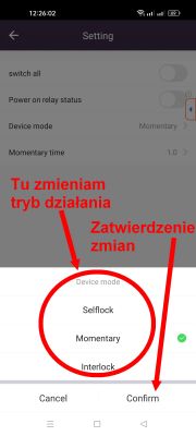 Ustawienia aplikacji z wyborem trybu działania: Selflock, Momentary, Interlock.