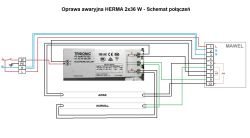 Schemat połączeń oprawy awaryjnej HERMA 2x36 W z balastem TRIDONIC i modułem MAWEL