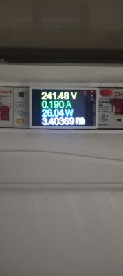 Electrical meter display showing readings: 241.48 V, 0.190 A, 26.04 W, and 3.40369 kWh.