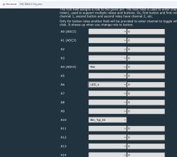 Screenshot of 192.168.4.1/cfg_pins showing A0–A14 pins with role dropdowns, including Rel and LED_n