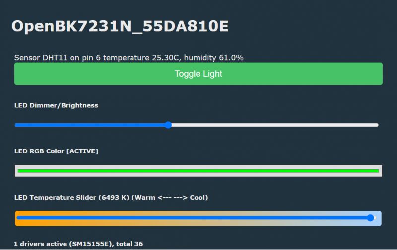 OpenBeken Interface with DHT11 Sensor and LED Lamp Control OpenBeken interface for a lamp with firmware on BK7231N with DHT11 sensor