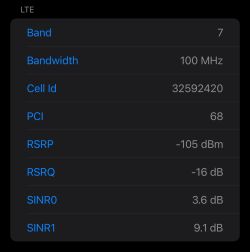 Zrzut ekranu z parametrami LTE: pasmo 7, szerokość 100 MHz, RSRP -105 dBm, RSRQ -16 dB, PCI 68, Cell Id 32592420, SINR0 3,6 dB, SINR1 9,1 dB.
