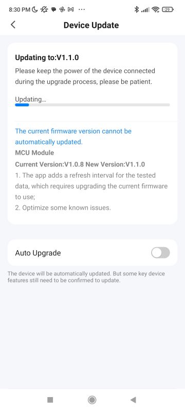 Device Firmware Update Screen Device firmware update screen with auto-update toggle.