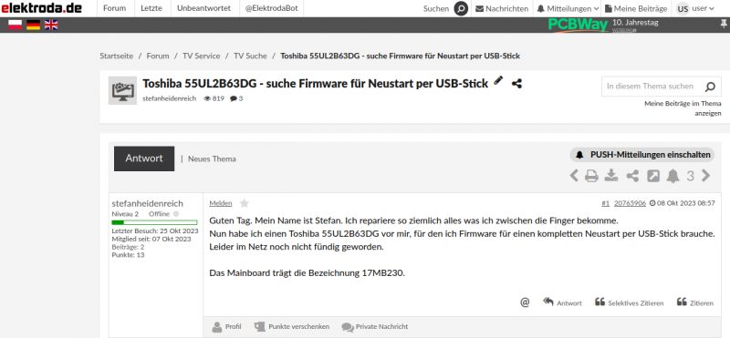 Suche nach Toshiba 55UL2B63DG Firmware im Forum elekroda.de Screenshot aus dem Forum elekroda.de mit einem Thema über die Suche nach Firmware für den Toshiba 55UL2B63DG Fernseher.