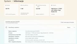 Zrzut ekranu Windows 11 „System > Informacje” z danymi laptopa: pamięć 1,80 TB, RAM 32 GB, Ryzen 7 3750H.