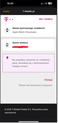 Komunikat o braku uprawnień w aplikacji T-Mobile.