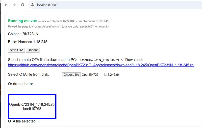 OTA update interface for BK7231N chipset with firmware file loaded