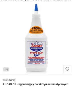 Butelka dodatku do skrzyni automatycznej Lucas Oil Transmission Fix z niebieską zakrętką.