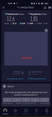 Zrzut ekranu z aplikacji Speedtest z wynikami pomiaru prędkości internetu Orange: pobieranie 12,6 Mbps, wysyłanie 1,81 Mbps, ping 22 ms.