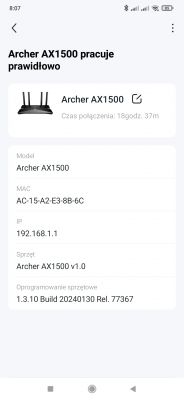 Ekran aplikacji przedstawiający status routera Archer AX1500.