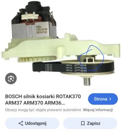 Widok silnika kosiarki elektrycznej Bosch z zespołem hamulca ostrza, zaznaczonego na niebiesko.