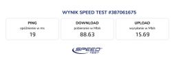 Wynik testu szybkości internetu pokazujący ping 19 ms, pobieranie 88.63 Mb/s, wysyłanie 15.69 Mb/s.