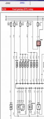 Schemat elektryczny przekaźnika pompy paliwa (FP) z oznaczeniami i liniami połączeń.