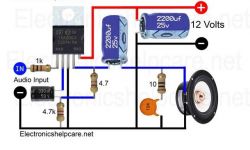 Schemat testowy układu elektronicznego z kondensatorami, rezystorami, układem scalonym TDA2030 i głośnikiem.