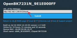 Screenshot of OpenBK7231N interface with a web app URL field.