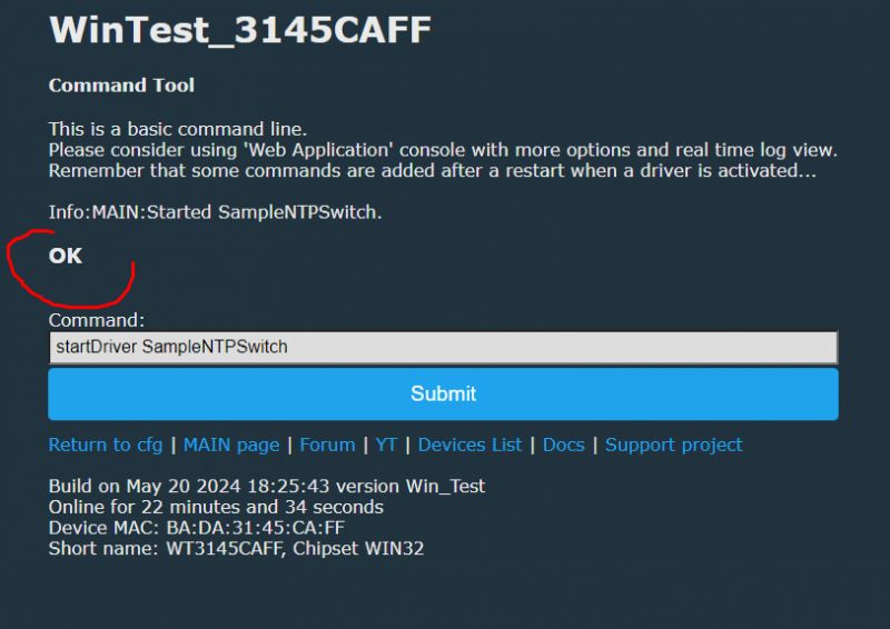Command Tool Panel with SampleNTPSwitch Driver Started Command tool panel with startDriver SampleNTPSwitch command and OK message