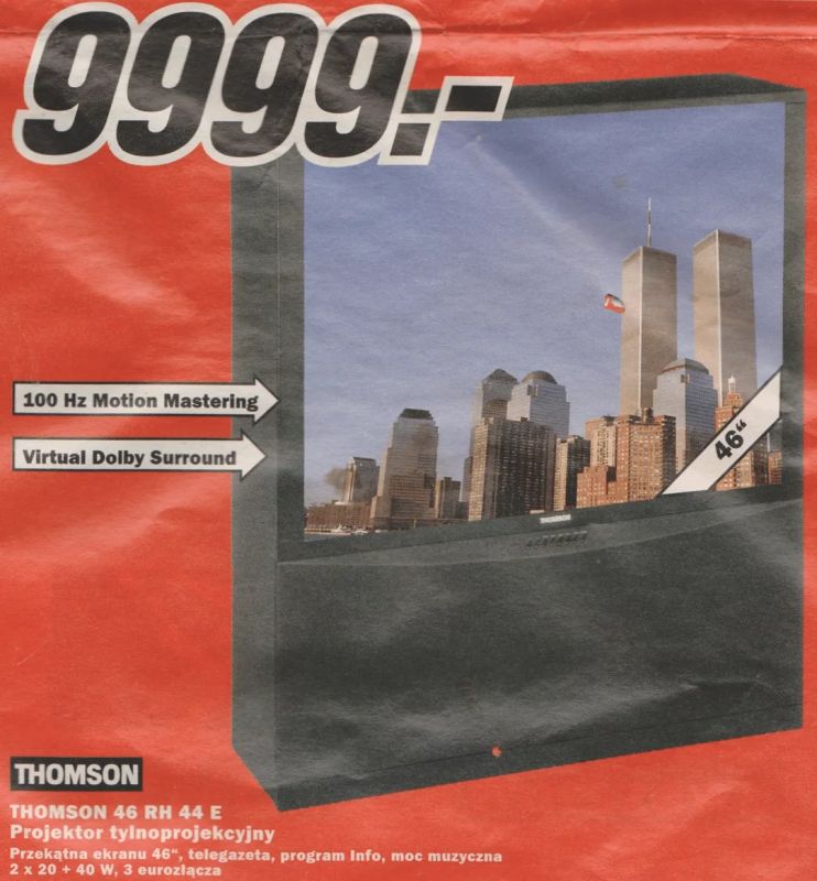 Telewizor Thomson z obrazem wież World Trade Center i ceną 9999 zł na czerwonym tle