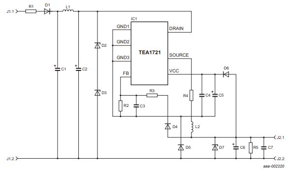 Electrical Schematic with TEA1721 Controller Electrical schematic with TEA1721 controller and other components.