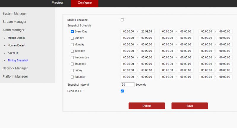 Zrzut ekranu przedstawiający ustawienia harmonogramu migawki w kamerze IP.