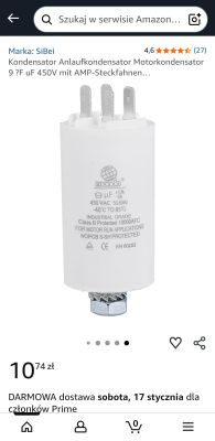 Biały kondensator 9 µF 450V z trzema metalowymi złączami AMP i oznaczeniami technicznymi.