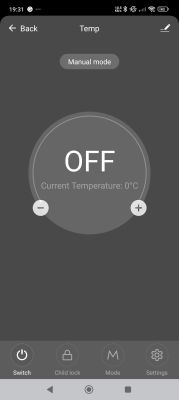 App screen showing thermostat set to OFF and temperature at 0°C