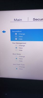Zrzut ekranu interfejsu BIOS z opcjami SecureBoot, Key Management, Boot Mode i Anti-Theft Tools.